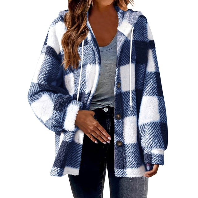 Fartey Plus Size Womens Plaid Fleece Shacket Jacket Oversized Flannel Button Down Fall Hoodie Jackets with Drawstring Warm Winter Coats Blue S