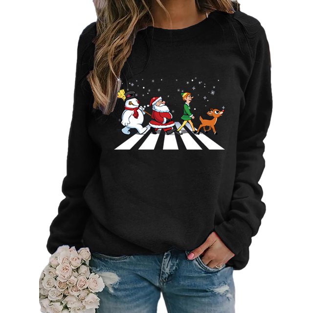 Innerwin Chandail Col Rond Femmes Hauts Imprimé de Noël Xmas Chandail en Molleton Noir m