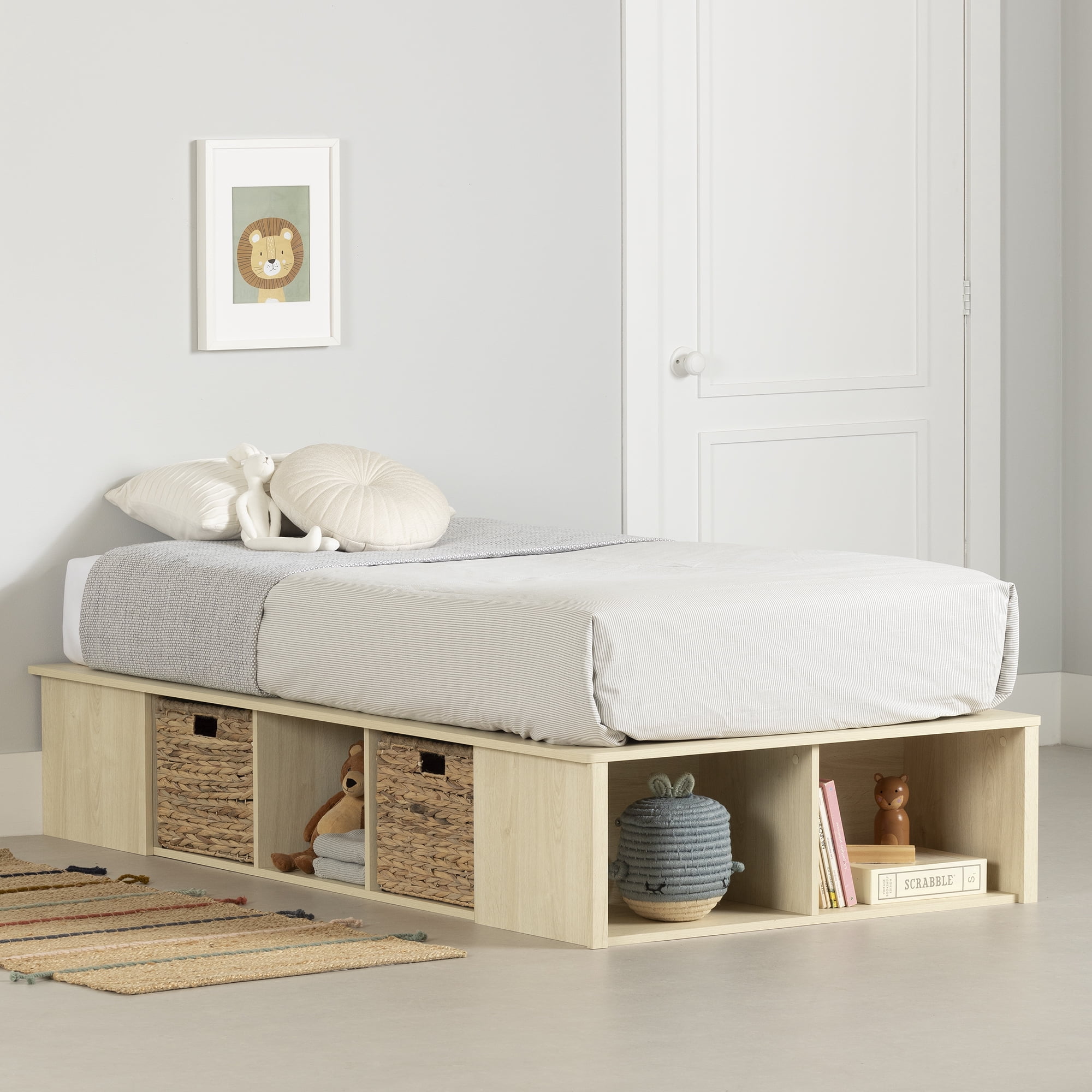 South Shore Avilla Twin Storage Platform Bed with Wicker Baskets, in Bleached Oak