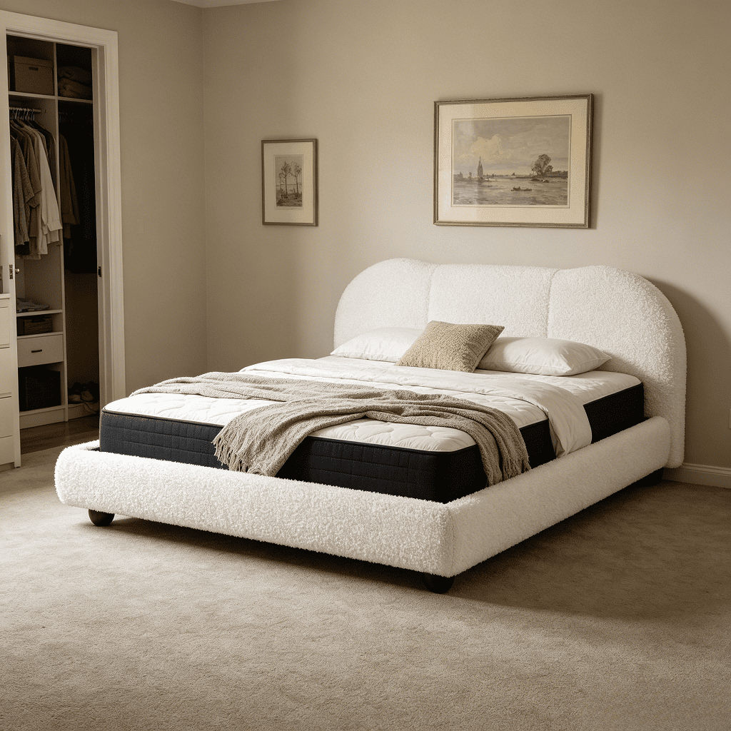 Homy Casa Lit Plateforme Très Grand Format en Bouclé, Tête de Lit Courbée Rembourrée, Lit en Tissu Teddy Sans Sommier