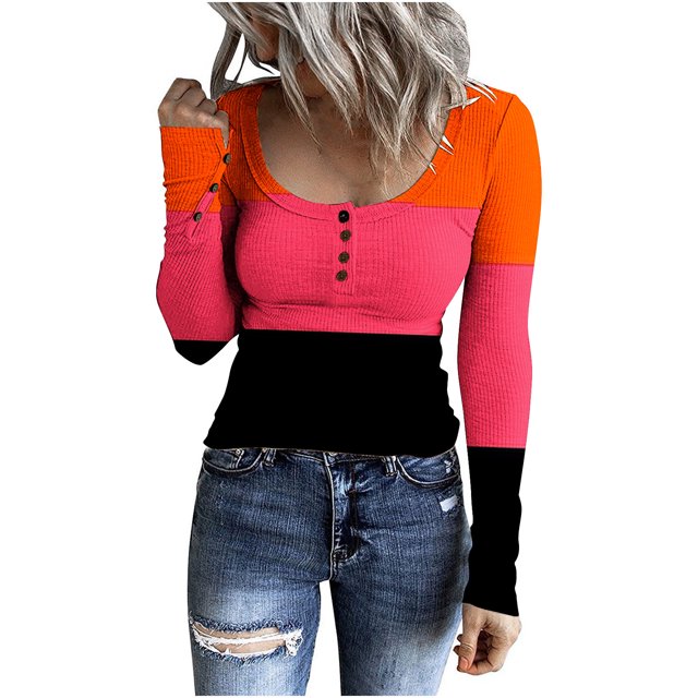 Birdeem Women Casual Long Sleeve Color Match Printing Button Round Neck T-Shirt Blouse Tops