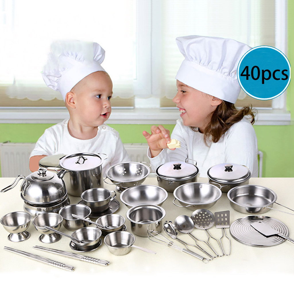HUASHENG Utensils House Pans Toys Kitchen Gift Kids Cooking Pots Set Cookware 40Pcs Play Education