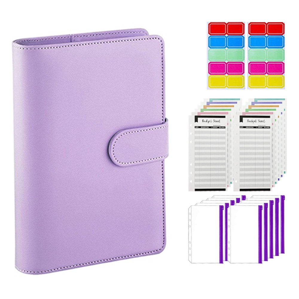 PU Leather Binder Cover With 10 PCS 2 x Color Labels  12 x Budget Sheets A6 Binder Pockets Loose Leaf Bags 6 Ring Binder Cash Budget Envelopes System