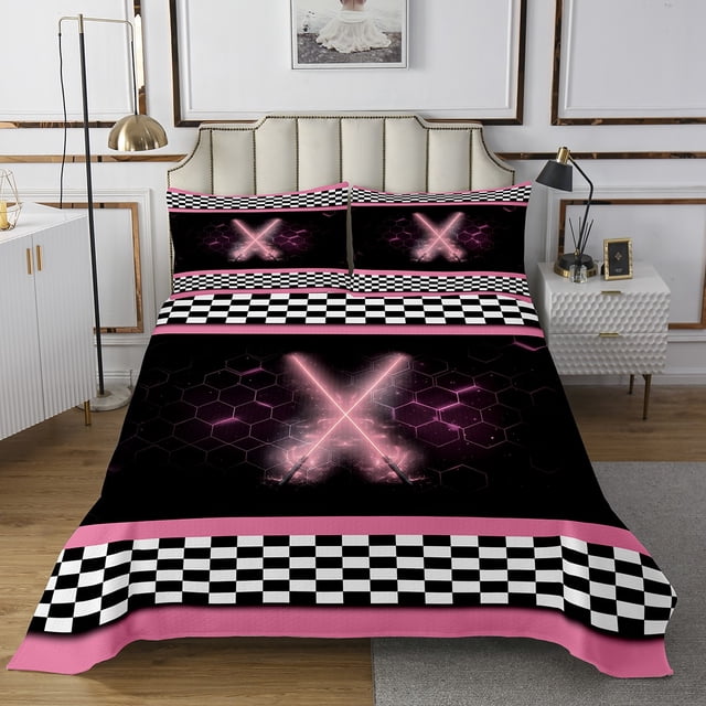 Erosebridal Cool Lightsaber Coverlet Set Queen, Honeycomb Bedding Set, Checkered Flag Decor 3pcs