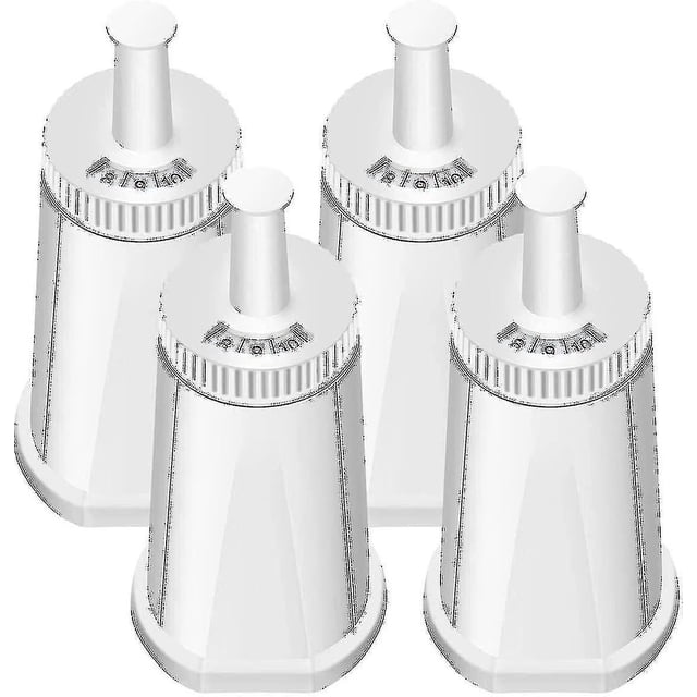 Replacement water filter compatible with Breville Sage Claro Swiss Oracle Barista espresso coffee machines, shown in a set of four white filters. Suitable for models like Oracle Touch BES990, Barista Pro BES878, and Bambino, these coffee maker replacement water filters use coconut activated carbon and ion exchange to reduce chlorine, odor, and impurities, enhancing coffee flavor and protecting the machine from scaling. Easy to install with a three-step process.