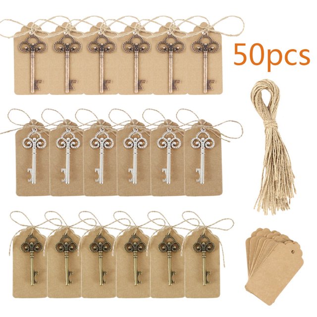 50Pcs Key Bottle Openers Skeleton Bottle Opener Vintage Skeleton Key Bottle Opener Wedding Favors Key Bottle Opener Rustic Decoration with Tag Card & Jute Twine Gift