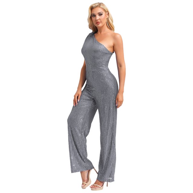 Xnihocha Combinaison une Pièce Sans Manches pour Femme, Robe de Soirée à une Épaule, Justaucorps à Paillettes, Robe de Soirée Gris 3TG