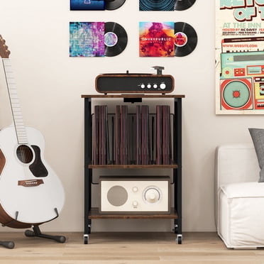Giantex Record Player Stand, Turntable Stand w/Built-in Charging Station, Storage Cabinet, Home Accent Display Table, Rustic Brown
