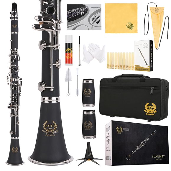 Rhythm Bb Clarinet 17 Nickel Keys Woodwind Band & Orchestra Musical Instruments for Beginners Includes Case Stand 10 Reeds and Cleaning Kit-Black/Silver keys