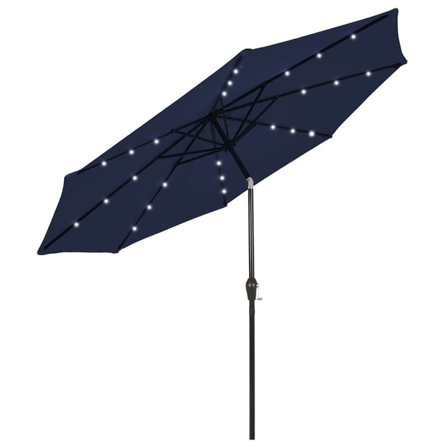 Gymax Parasol Solaire de 9 Pi à DEL pour Patio, Marché, Acier Inclinable avec Manivelle, Extérieur, Bleu Marine