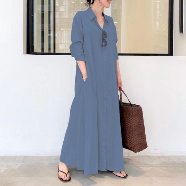 Bramtres Robes Maxi, Robes de Vacances, Robe Chemise Longue Décontractée pour Femme en Coton et Lin à Boutons avec Poches, Longues Robes, Robe à Manches Longues, Robes Modestes, Robe Bleue 2, m