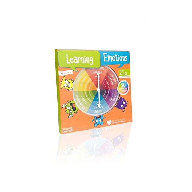 Learning emotions educational kit with a colorful emotion wheel displaying feelings like happy, sad, angry, and afraid, designed for kids ages 4-12 to build emotional intelligence and self-awareness through playful family card games.