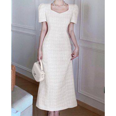 Elegant Tweed Dress For Women Summer Puff Short Sleeve Slim Party Long Dresses French Robe Vestidos - Apricot / L