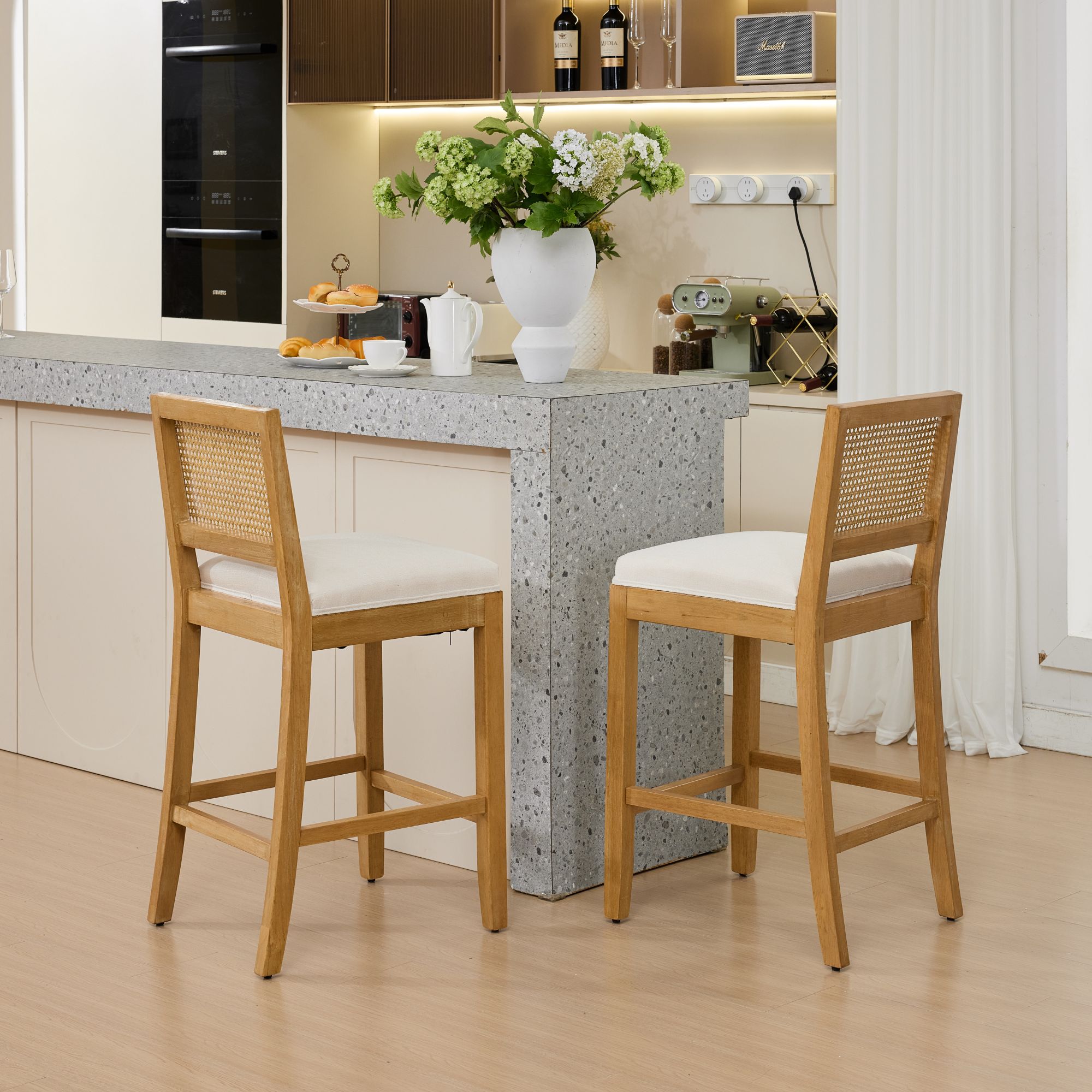 Noble House Full Solid Wood Rattan-Back Bar Stool Set of 2,Matte Linen Cushion with High-Resilience Foam & S-Springs,Beige