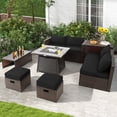 thumbnail image 3 of Patiojoy 9 Pieces Outdoor Patio Furniture Set with 35-Inch Propane Fire Pit Table Outdoor PE Wicker Space-Saving Sectional Sofa Set with Storage Box and Cushions Black, 3 of 10