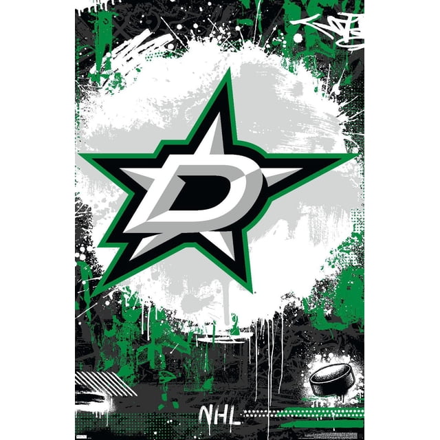 LNH Dallas Stars - Affiche Murale Logo Maximaliste 23 Mettant en Vedette un Logo des Dallas Stars Centré avec une Étoile Verte et Noire Définie en Blanc et Vert sur un Fond Éclaboussé Noir, Blanc et Vert Style Graffiti, Incluant un Petit Graphique de Rondelle de hockey Noire et le Logo LNH Près du Bas, Imprimé sur Papier d'Affiche Lustré de 22,375 par 34 Pouces, Idéal pour Décorer des Chambres, des Bureaux Ou des Dortoirs.