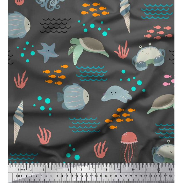 Soimoi Gray Poly Georgette Fabric Crab & Tortoise Ocean Decor Fabric Printed Yard 42 Inch Wide