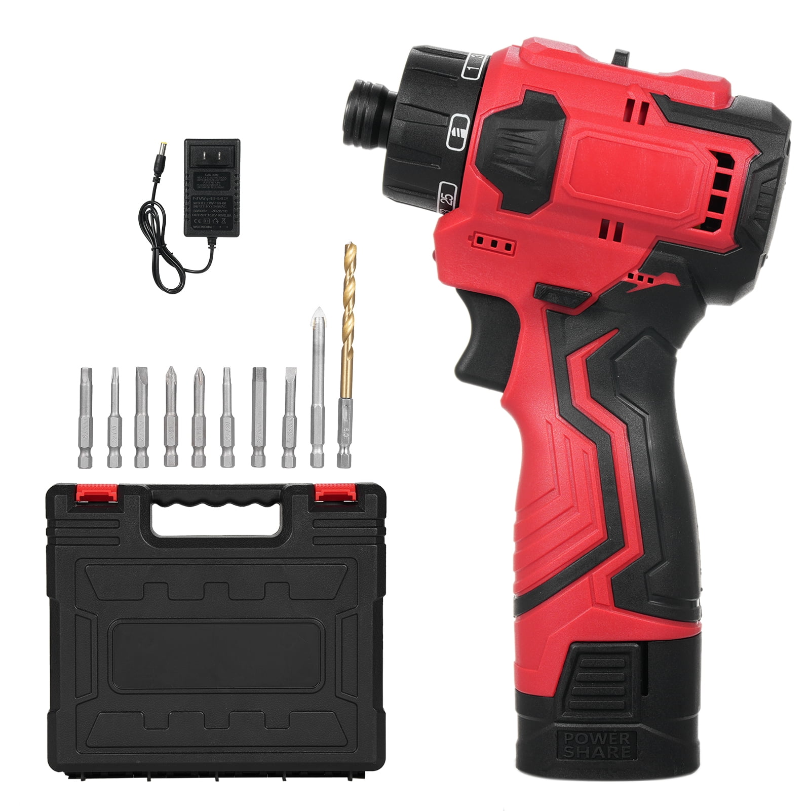 Mistaha Brushless Lithium Electric Screwdriver Set with 10 Drill Bits, 16.8V Cordless Power Tool Kit, US Plug, 110~240V, Red+Black