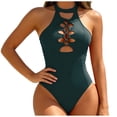 thumbnail image 1 of Women's Plus Size Tummy Control One Piece Swimsuit, Floral Halter High Neck Cutout Backless Slimming Bathing Suit,Green,M, 1 of 5