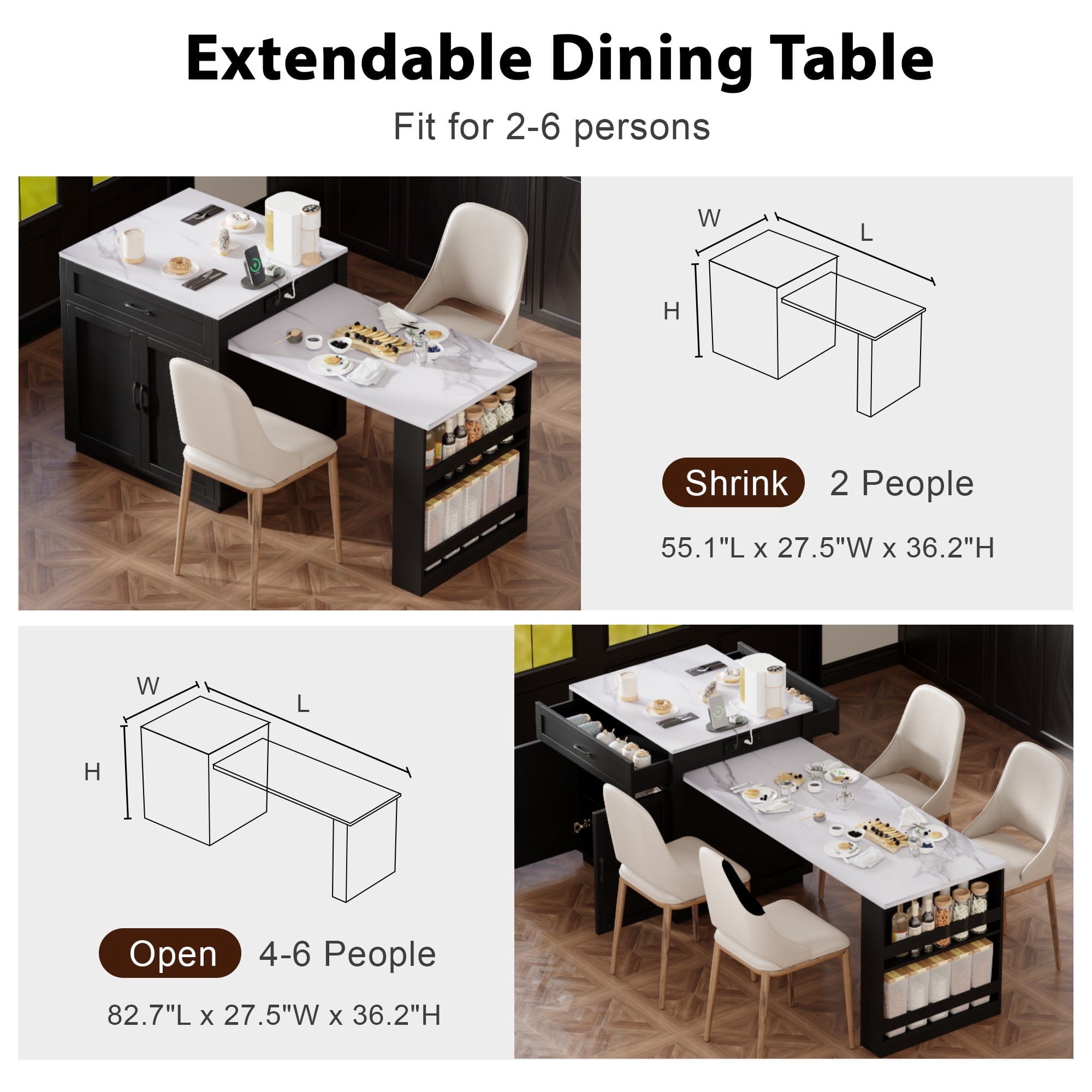 Îlot de cuisine Noble House 82,7 po avec table à manger extensible pour 4 à 6 personnes, noir