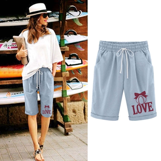 LOVZFMLL Women Printed Elastic Waist Drawstring With Casual Pockets Shorts Light Blue XL