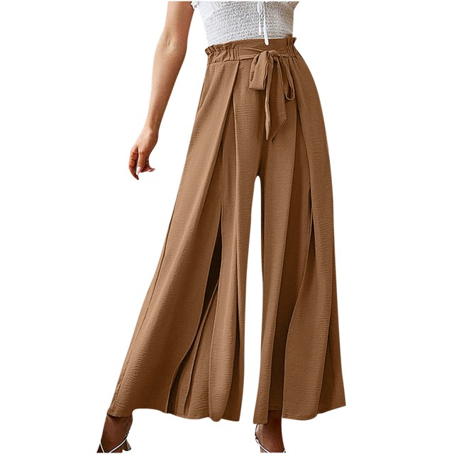 Timegard Womens Wide Leg Pants Pleated Elastic High Waisted Drawstring Flowy Casual Trousers Beach Wear
