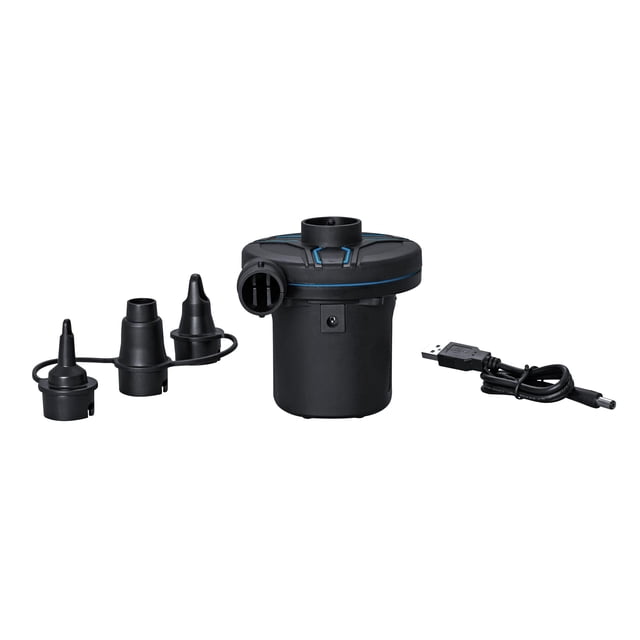 Ozark Trail® Pompe à Air Rechargeable avec un Corps Cylindrique compact Noir avec des Lignes d'Accent Bleues, Trois Adaptateurs de valve Universels Reliés par un Anneau et un Câble de Chargement USB, Idéale pour l'Équipement de camping et pour Gonfler des Matelas Pneumatiques Ou des Flotteurs de Piscine.