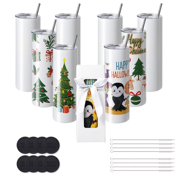 VEVOR 8 Pack 30 Oz Sublimation Tumblers, Skinny Straight Stainless Steel Blanks Cups, Stainless Steel Double Wall Tumbler for Heat Transfer Customized Gifts
