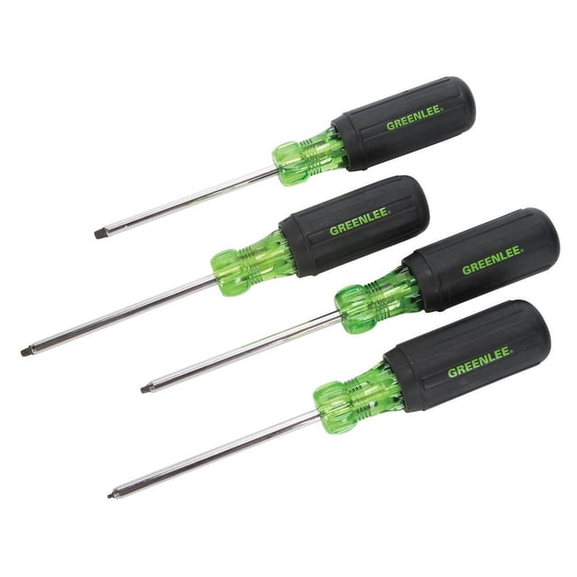 Greenlee 0353-01C Ensemble de Tournevis, Embout à Encoche Carrée, 4 Pcs. Comprend Quatre Tournevis avec Embouts à Encoche Carrée Précis pour un Ajustement Précis des Fixations. Chaque Outil Présente un Arbre Chromé durable et des Poignées Ergonomiques au design Vert et Noir. Convient aux Tâches Professionnelles et d'Amélioration de la Maison.