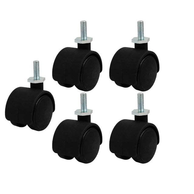 Unique Bargains Roulette en nylon de 1,2 Po M6 à Tige Filetée, Pivotante Sans Frein, Ensemble de 5. Présente une Conception à Double Roue avec une Carrosserie en nylon Noir et des Tiges Filetées en Métal Ton Argent. Dimensions Sont 38 x 32 x 55 mm (L x L x H) avec un Diamètre de Roue de 30 mm. Chaque Roulette Supporte une Capacité de Charge de 10-20 kg et Convient aux Petites Machines, Chariots et supports. l'Ensemble Comprend 5 Roues de Roulette.