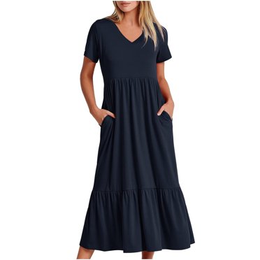 SuoKom Robe Maxi d'Été Robe d'Été pour Femme Décontractée à Manches Courtes Robe à Col en V Décontractée Fluide à Volants Robe Maxi de Plage avec Poches Robes Maxi pour Femmes en Liquidation