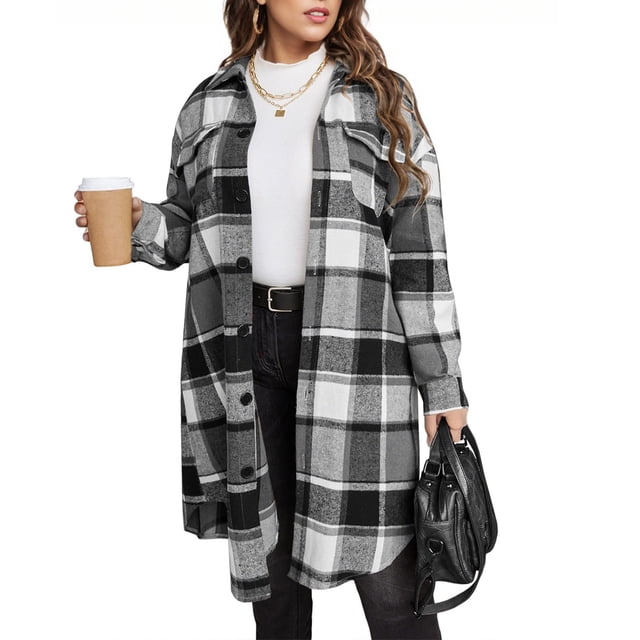 Womens Plus Size Flannel Plaid Shirts Shacket Long Sleeve Lapel Button Fall Warm Long Jackets Black XXL