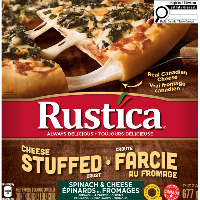 Rustica Stuffed Crust Spinach and Cheese Pizza with a close-up of a slice being pulled away, showing melted real Canadian cheese stretching from the golden, crispy cheese-stuffed crust topped with spinach and cheese, ideal for a rich, convenient frozen pizza meal.