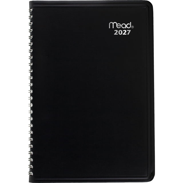 Mead Medium Weekly Planner, 2027. Twin-wire 5" x 8" bilingual weekly/monthly appointment book in assorted colours (black and grey). Monthly: one month per two-page spread with past, current and five future months reference. Weekly: one week per two-page spread with hourly appointments Monday–Friday 8:00 a.m.–5:00 p.m. and ruled Saturday/Sunday space. Includes pages for important dates, birthdays, metric equivalents and a telephone address book. Often used as a compact meeting notes or travel schedule notebook.