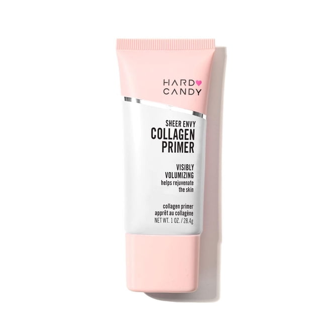Hard Candy Sheer Envy Collagen Primer in a 28.4g soft pink and white squeeze tube with black text, a face primer that visibly volumizes and helps rejuvenate skin, creating a smooth base for makeup application, shown on a white background.