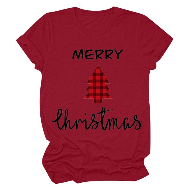 Haut de Sapin de Noël Femme Décontracté Col Rond Manches Courtes T-shirt Imprimé Sapin de Noël Haut