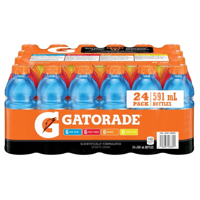 Gatorade Assortiment de Boissons Sport 24 x 591 ml, Bouteilles Vue Frontale d'Un Lot de 24 Bouteilles en Plastique Transparent de 591 ml avec Panneaux d'Étiquettes et Bouchons Visibles, Saveurs Gatorade Mixtes; Procure des Fluides, des Électrolytes et des Glucides pour Soutenir l'Hydratation et l'Énergie, Souvent Utilisées pour l'Hydratation en Équipe.