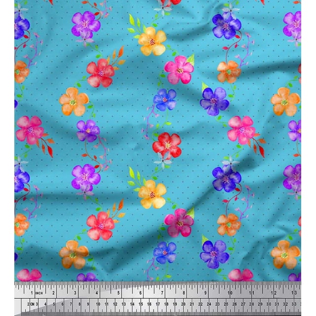 Soimoi Rayon Fabric Dot,Leaves & Periwinkle Floral Print Fabric by Yard 56 Inch Wide