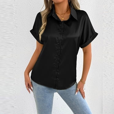 zbxnLI Women's Satin Button down Shirts Casual Short Sleeve Collared Shirt Business Work Blouse Fashion Clothes