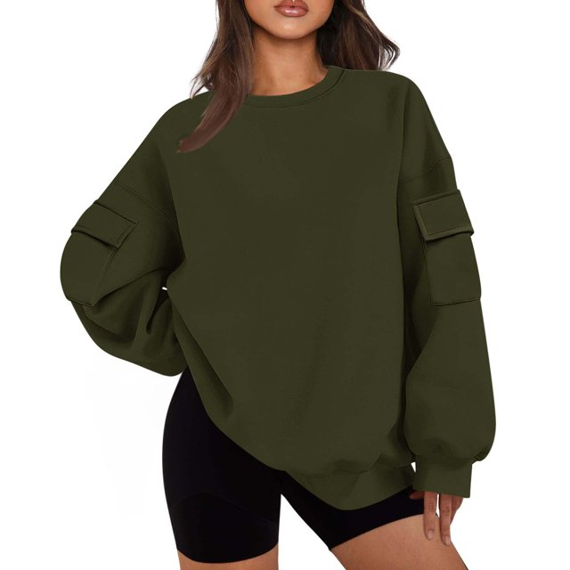 Yuyuzo Chandail en Molleton pour Femmes Col Rond Décontracté Pull Ample Automne Doublé Polaire Manches Longues