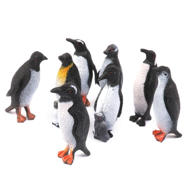 Set of 8PCS Kids Animals Educational Props Fun Penguin Animal Model Figure Toy Gift in black and white. The set includes eight detailed penguin figures with realistic features, standing upright on flat bases. Suitable for educational play, home decor, or imaginative zoo collections. Each figure measures approximately 3-4cm (1.18-1.57 inches) in height. Made from durable materials and designed for children aged 3 and above.
