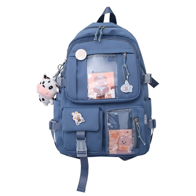 TFixol Trendy Japanese Harajuku Style Backpack for Girls - Cute Cow Print Design, Perfect for High School, College, and Elementary Students, Blue + Cow Pattern