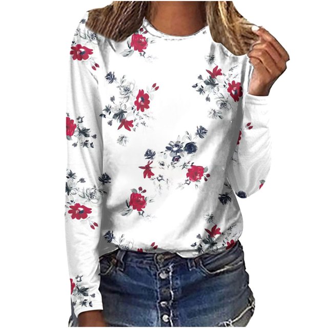 IROINID en Solde T-Shirt à Manches Longues en Polyester pour Femmes Confortable Dames Col Rond Hauts Amples T-Shirts Imprimés Blouse, Blanc