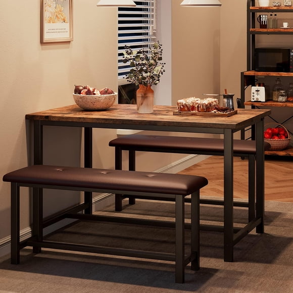 4 Pcs Dining Table Set with 2 Upholstered Benches 44.3in Metal and Wood Kitchen Table Set for 4 Space-Saving Rectangular Dining Furniture for Apartment Small Spaces
