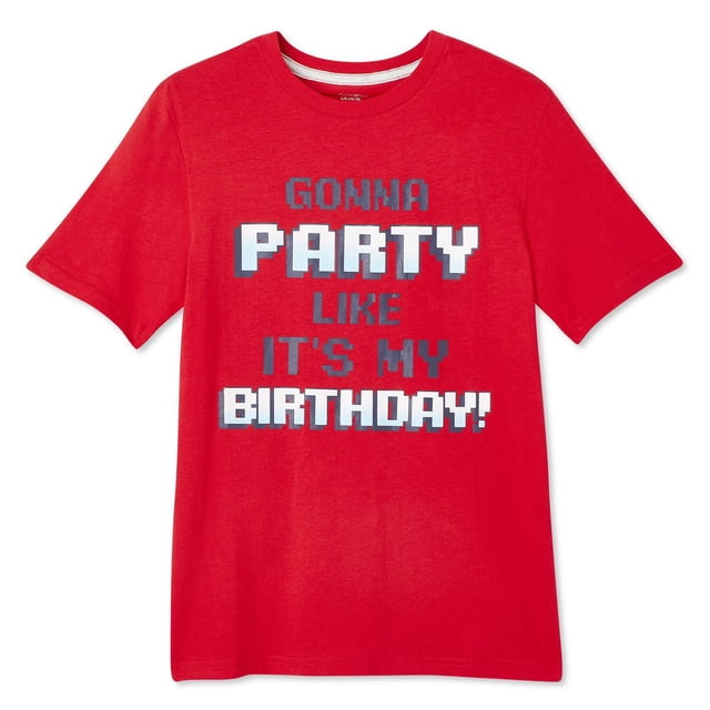 George Boys' Short Sleeve Graphic Tee in red jersey fabric with a crew neckline and short sleeves, featuring a pixelated front print saying 'Gonna Party Like It's My Birthday!' This boys' t-shirt is ideal for casual wear and often used as a fun birthday outfit.