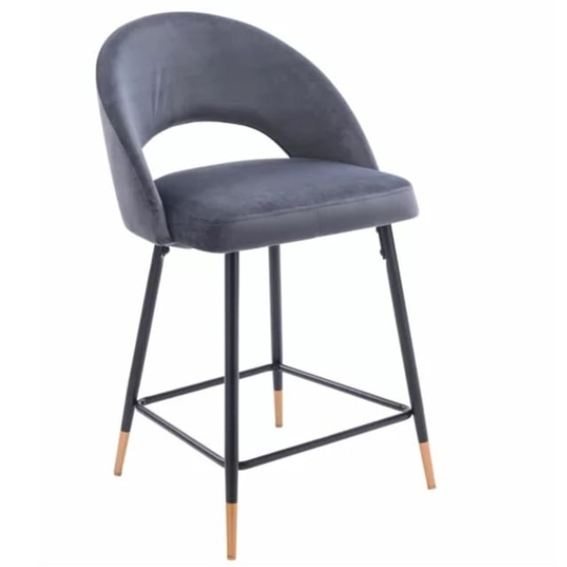 Plata Décor Import Inc – Luxurious Akira Bar Velvet Stool in Grey with curved backrest and cushioned seat upholstered in soft grey velvet, supported by a sturdy black metal frame with gold-tone leg tips, suitable for kitchen and bar seating.