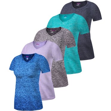 SPXTREME [Lot de 5] Hauts de Sport pour Femmes, Manches Courtes, Col en V, Tissu Respirant et Évacuant l'Humidité, Idéal pour la Salle de Sport, le Yoga et la Course à Pied. Grandes Tailles P à 4TG.