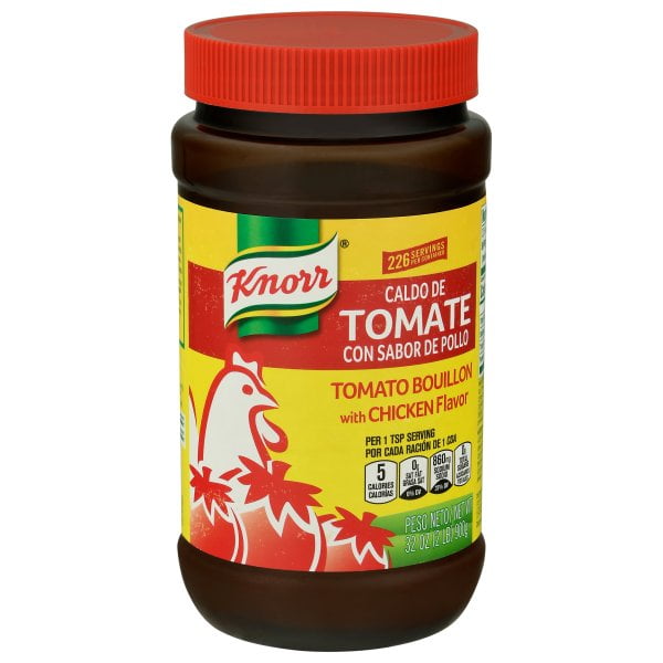 Knorr Caldo de Tomate Con Sabor de Pollo - Bouillon de Tomate à Saveur de Poulet 2 Lb. un Contenant Refermable de 32 oz Présentant une Étiquette Jaune et Rouge Vibrante avec une illustration de Poulet et le logo Knorr. Idéal pour les Soupes, les Ragoûts et les Plats Latins Traditionnels, Ce Bouillon Allie Tomate, Poulet, Oignon, Persil et Épices pour une Saveur Riche et Savoureuse. Conçu pour une Utilisation en Vrac dans les Cuisines Occupées, Il Offre une Durée de Conservation jusqu'à