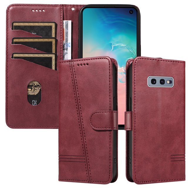 Phone Case for Samsung Galaxy S10E Magnetic PU Leather Wallet Cover in burgundy. This wallet case features three card slots, a secure magnetic closure, and a wrist strap for portability. Designed for full protection, it includes raised edges for camera and screen safety, shock-absorbing TPU corners, and a kickstand for hands-free viewing. The stylish leather exterior and flexible plastic interior offer a lightweight, comfortable grip.