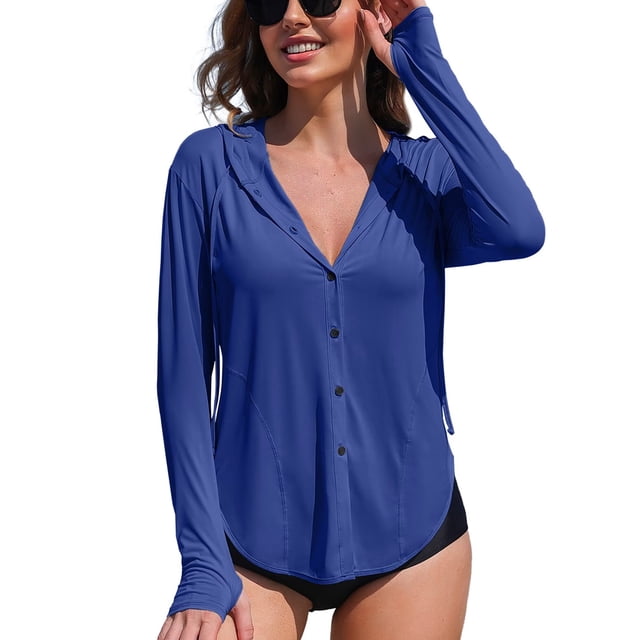 Charmo Women's Hooded Long Sleeve Rash Guard UPF 50+ Zipper Swimwear Shirts with Pockets
